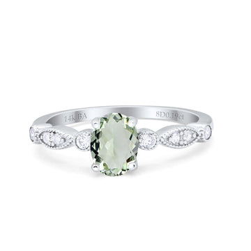 14K White Gold 1.4ct Oval Vintage Style 8mmx6mm G SI Natural Green Amethyst Diamond Engagement Wedding Ring Size 6.5